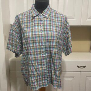 IZOD Womens VTG 100% Cotton Plaid Button Up Short Sleeve Blouse Top Large